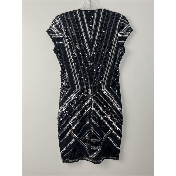 Express Sequin Bodycon Mini Sheath Dress Small Deep V Stretch Cocktail Evening - Picture 2 of 12